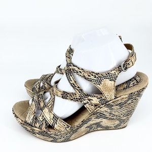 Born BOC Tan Faux Leather Sandals 10 Women’s Snake Print Wedge Heels Strappy